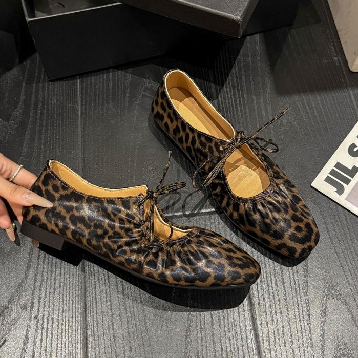 Leopard Square Toe Women Flat Sandals Marie Janes Shoes Woman Summer 2025 Trend Elegant Dress Comfort Soft Leather Zapatillas