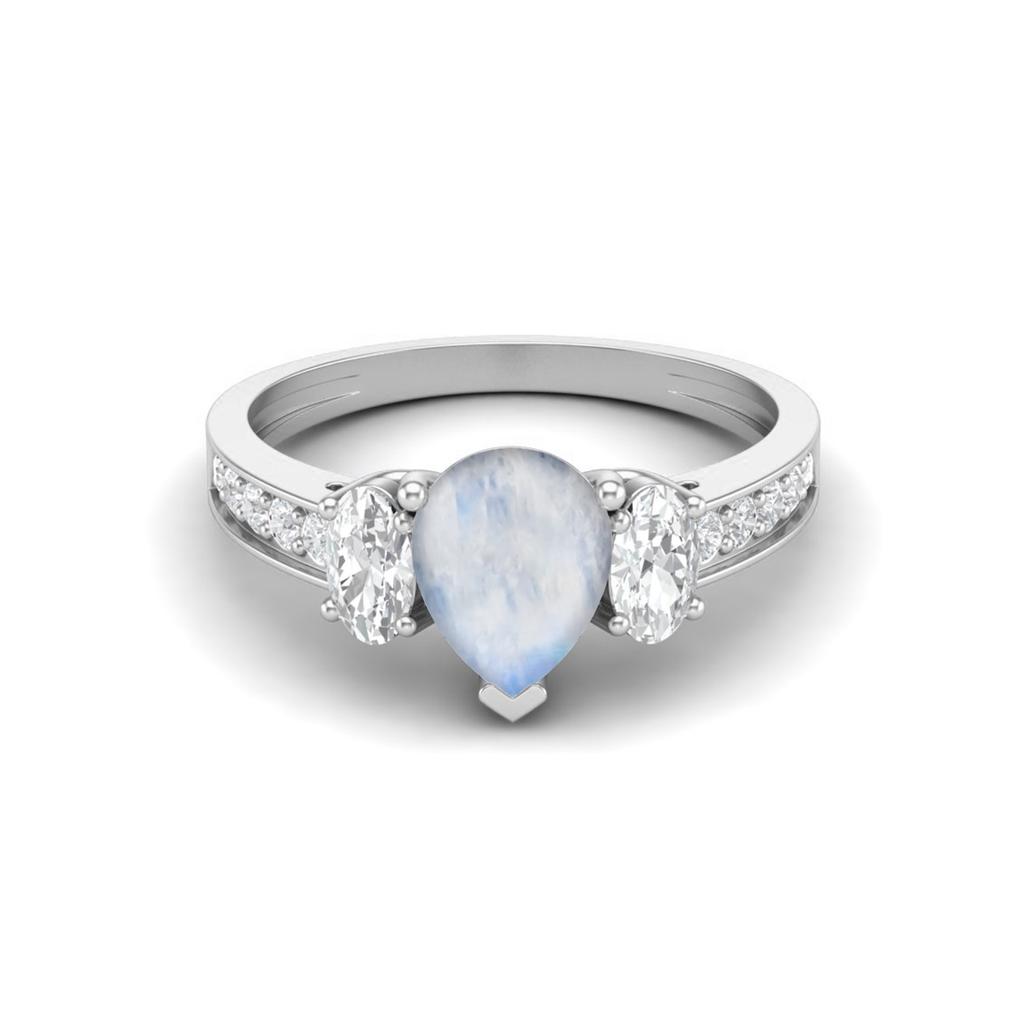 925 Sterling Silver 1.7 Cts Pear Moonstone Three Stone Accent Wedding Women Ring