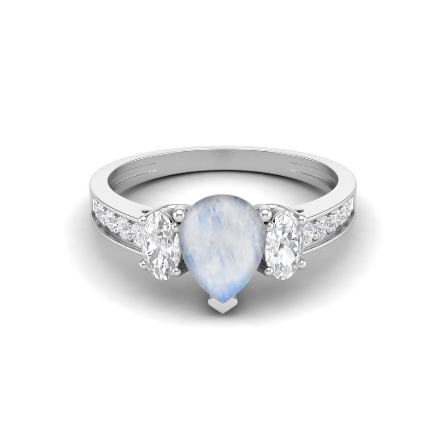 925 Sterling Silver 1.7 Cts Pear Moonstone Three Stone Accent Wedding Women Ring 12 белый