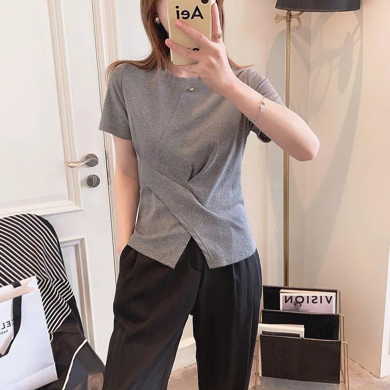 Spring and Summer Women's Cotton Irregular Split Short-sleeved T-shirt Women's Plus Size Top