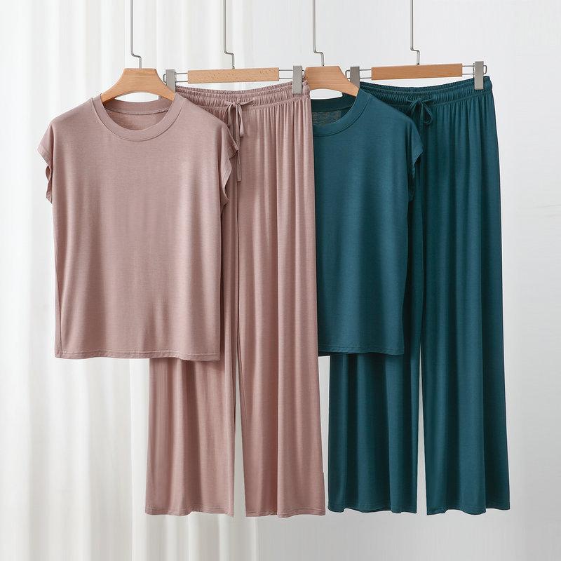 Modal Loose Homewear Set O-neck Tshirts Short Sleeves and Wide Leg Pants Casual Streetwear Suit All Match