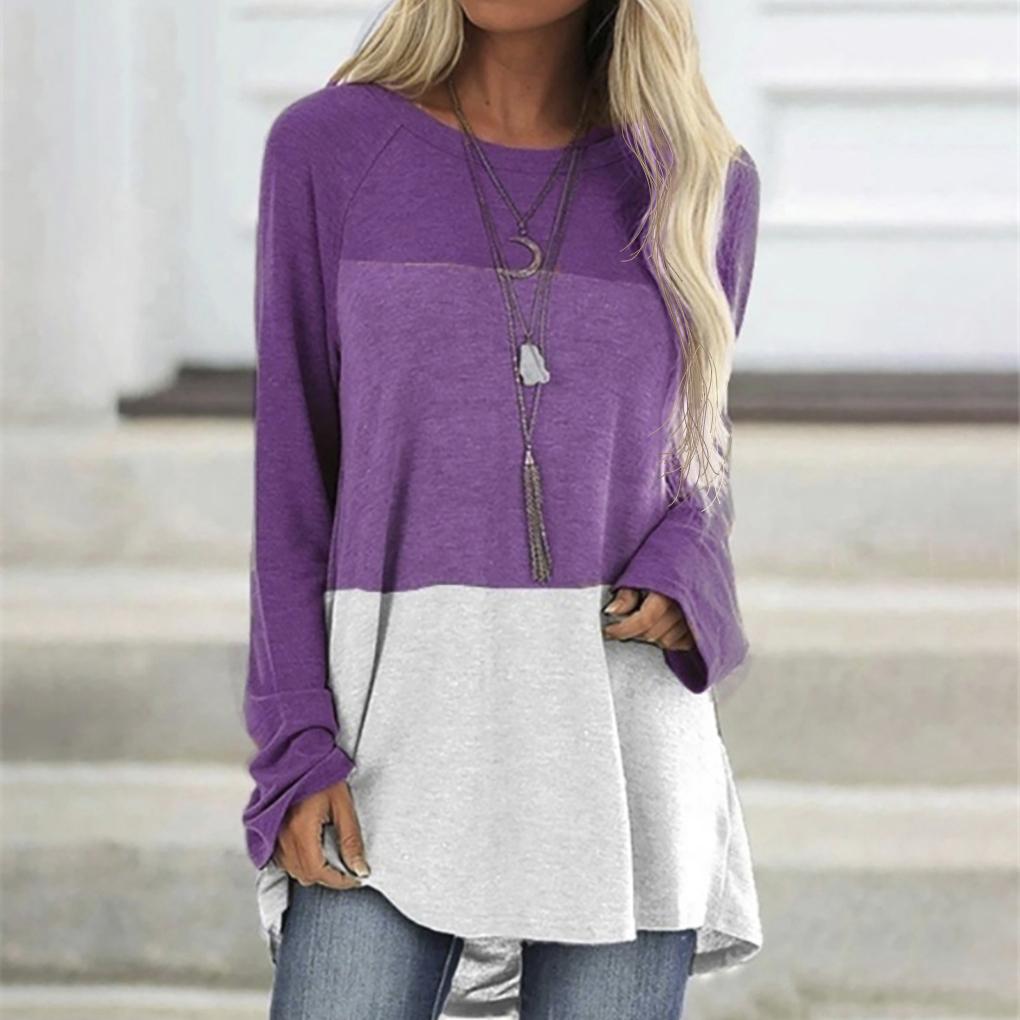 Damen T-Shirt Langarm Rundhals Kontrastfarbe Baumwoll-Top
