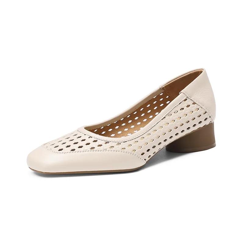 Fashion Design Temperament Hollow High Heel Shoes Women's Summer Leather Square Head Shallow Mouth Shoes Women Zapatos Mujer