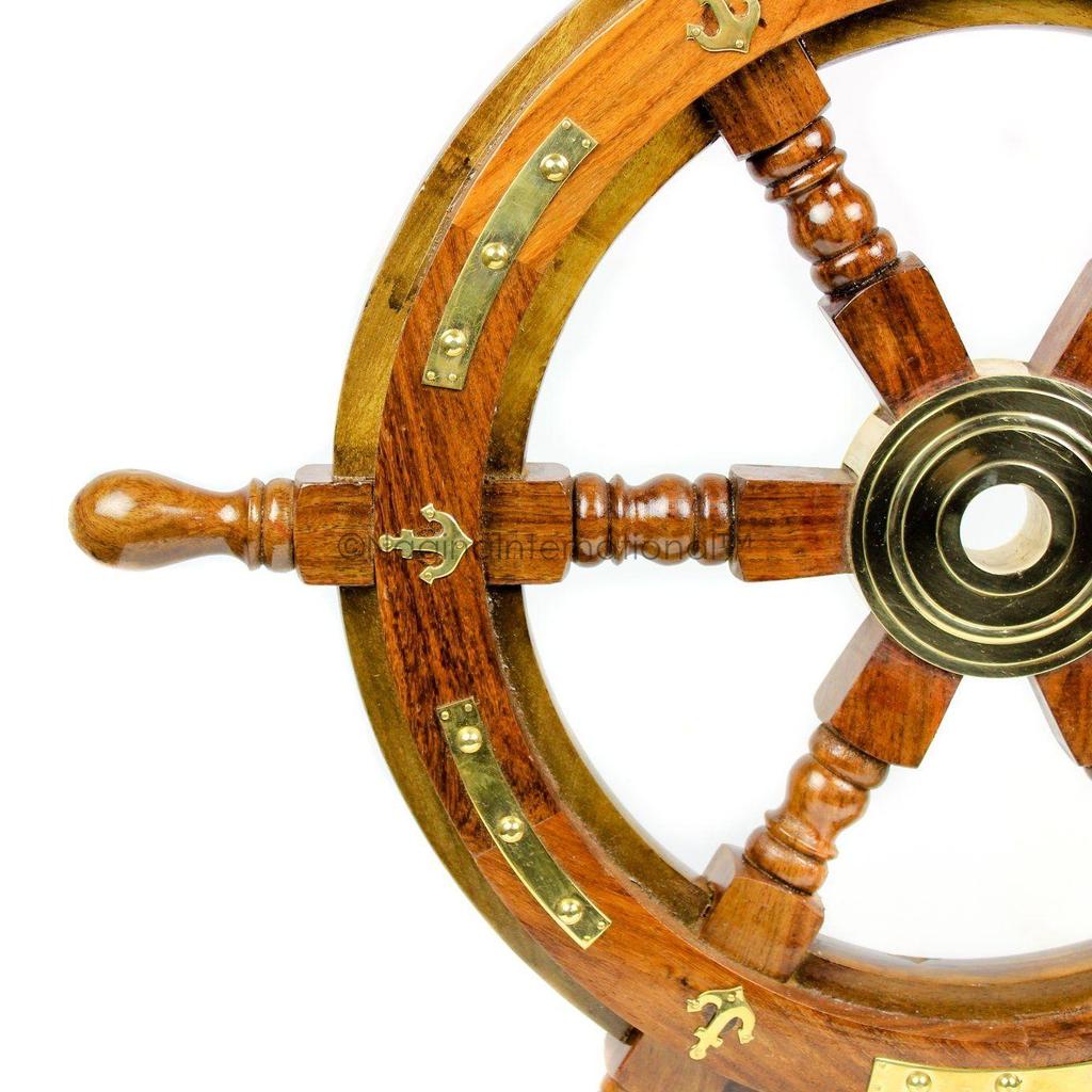 Nautical Premium Sailor's Hand Crafted Brass & Wooden Ship Wheel | Luxury Gift Decor | Boat Collectibles (18 Inches, Anchor & Strip)