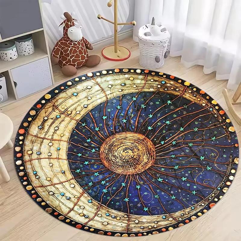 Vintage Celestial Sun and Moon Round Area Rug, Boho Starry Sky Floor Mat for Kids Room Nursery, Soft Washable Home Decor Carpet