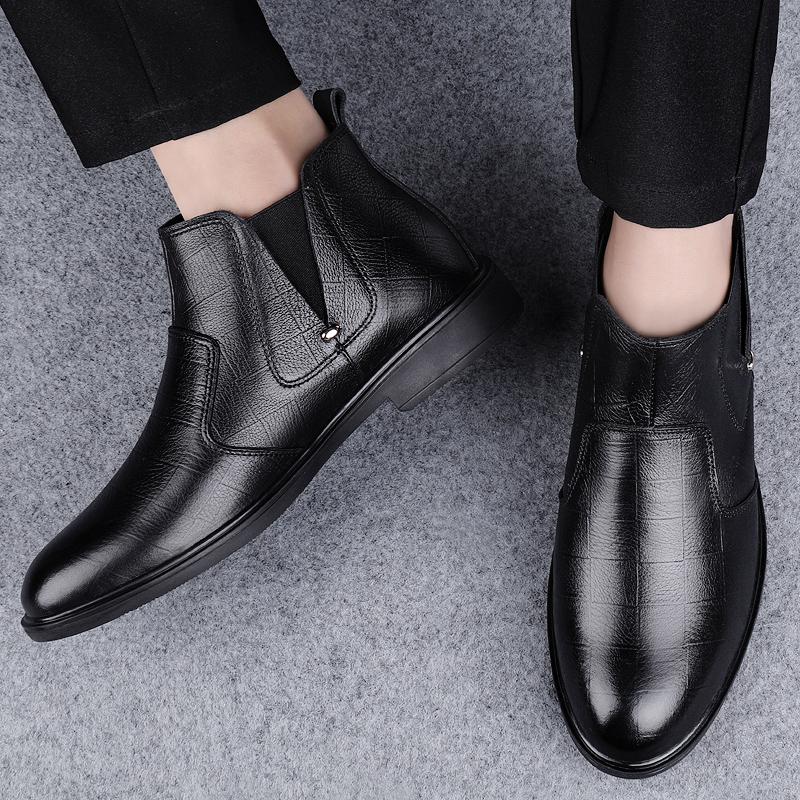 Senior Herre Casual Business Chelsea Støvler Håndlagde Ekte Skinn Mote Britisk Stil Vinter Pluss Fløyel Sosiale Ankelstøvletter Herre