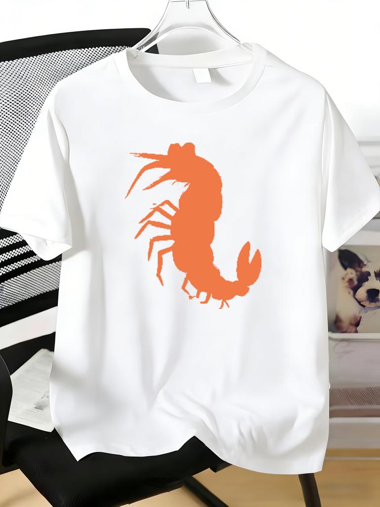 Summer Unisexs Loose Fit T Shirt Minimal Orange Lobster Silhouette Pattern Soft Light White Crew Neck Seafood Lover Streetwear Top