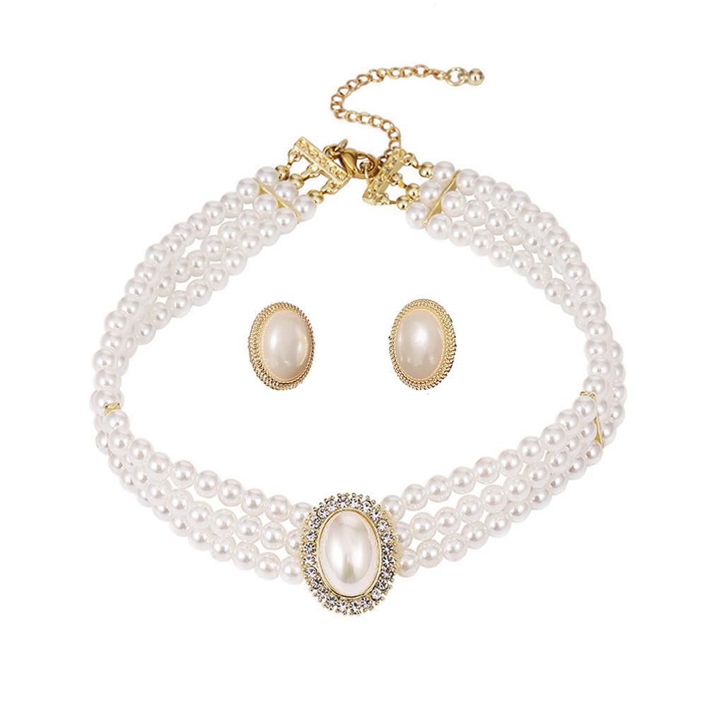 Vintage Artificial Pearl Necklace Set With Earrings And Gemstone Embellishments For Bridal And Formal Wear