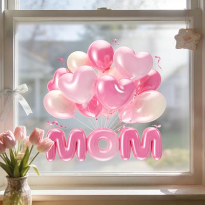 Mother's Day Window Cling Waterproof Pink Hearts Balloons Decorative Sticker Static Glass Decals for Home Office Shop Glass Door Window