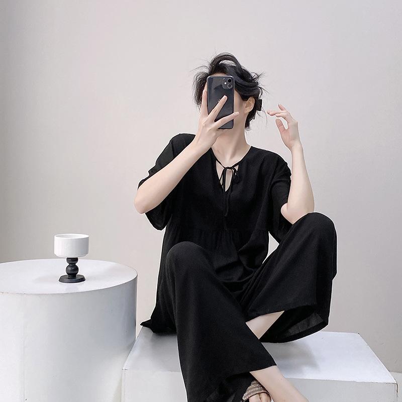 1011 New Spring and Summer Cotton and Silk Pajamas Women's Short-sleeved Trousers Round Neck Thin Fashion Casual Cute Loungewear Cover