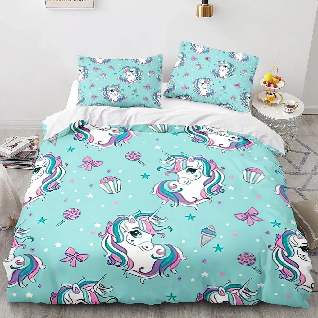 Cartoon Unicorn Duvet Cover King Queen Lovely White Mythical Animal Bedding Set Kids Girl Colorful Rainbow Polyester Quilt Cover Tool