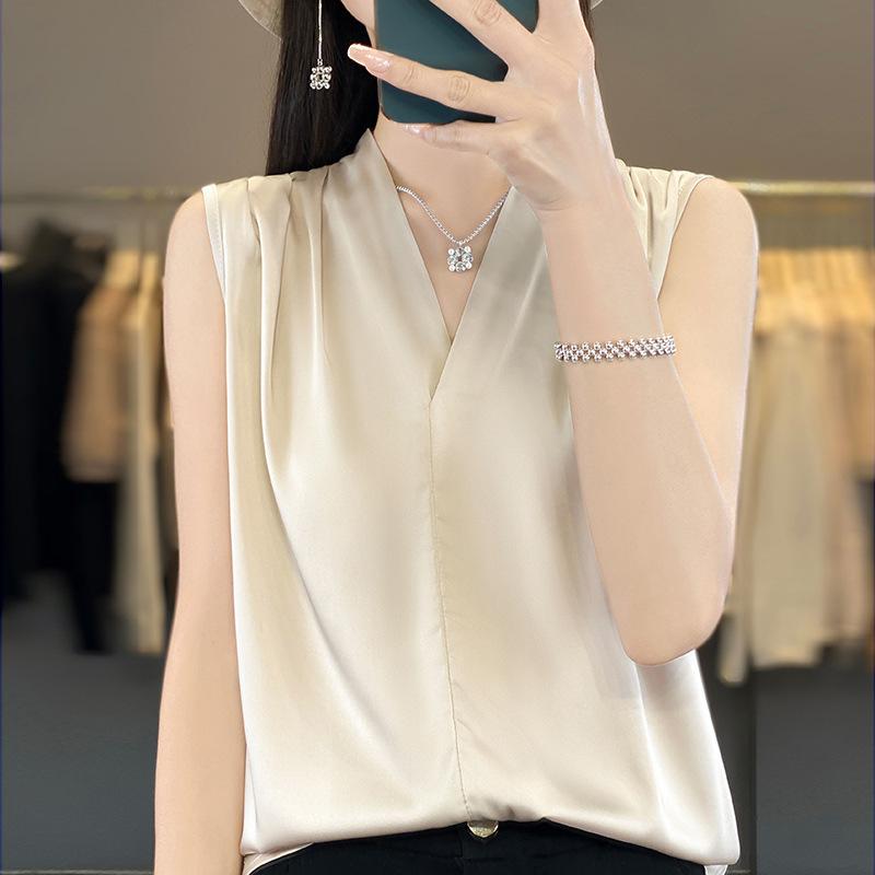 VEZFAA Damenmode Casual Sommer Frühling Einfarbig Druck Ärmellose V-Ausschnitt Blusen & Hemden