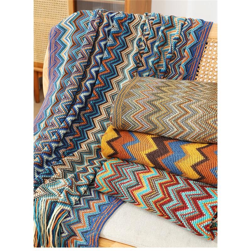Boho Knitted Fringe Throw Blanket Colorful Chevron Pattern Cozy Soft Tassel Blanket For Sofa Bed Office Travel