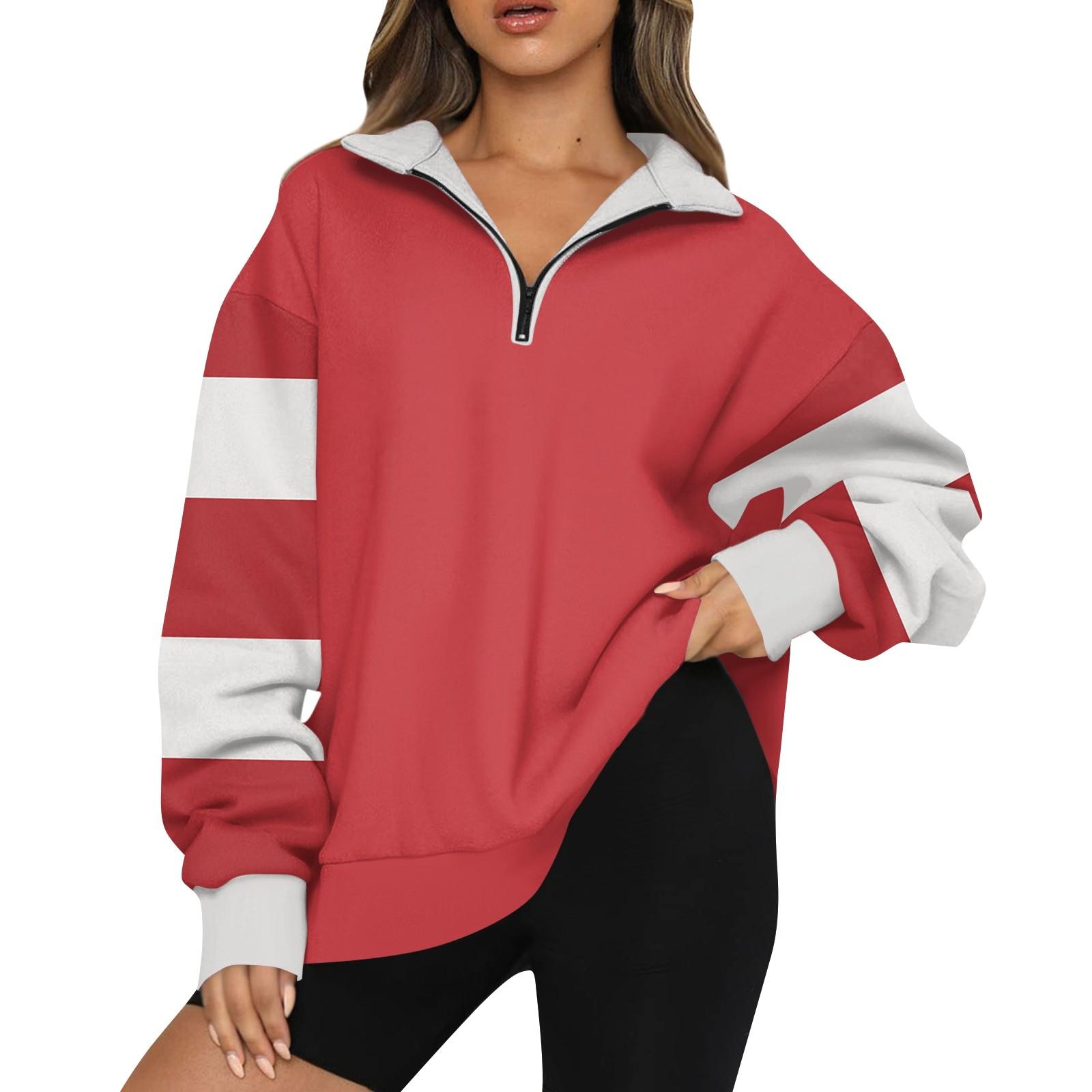 

Женская модная толстовка с длинным рукавом и принтом в полоску с отворотом на молнии XL арбуз красный