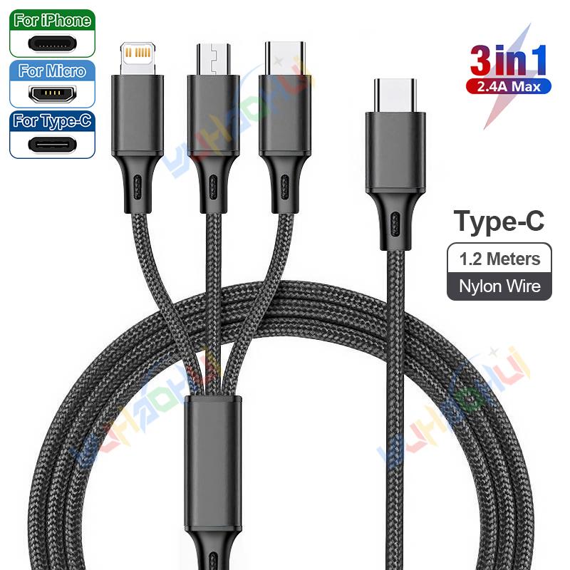 2.4A Max 3 w 1 kabel USB szybkie ładowanie kabel błyskawicy do iPhone'a typu C kabel do ładowania telefonu komórkowego do Xiaomi Samsung USB Micro