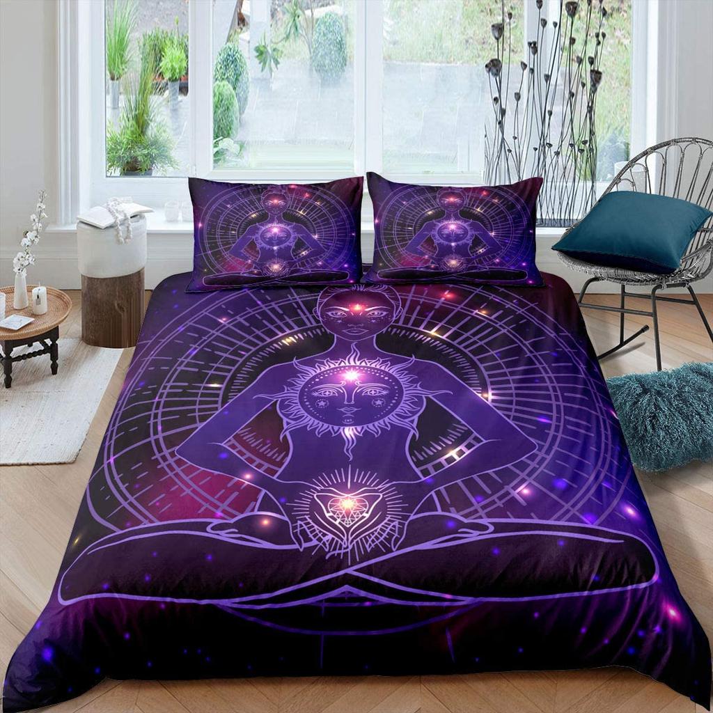 Yoga Duvet Cover Set King Size,Chakra Meditation Bedding Set, Mandala Comforter Cover Boho Hippie Style With Chakra Art Print