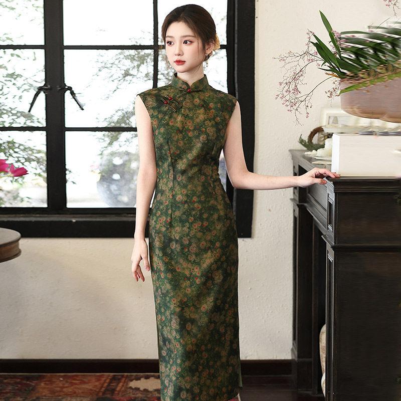 Green National Style New Chinese Sleeveless Suzhou Long Cheongsam Improved Young 1011 New Women's High Sense Summer