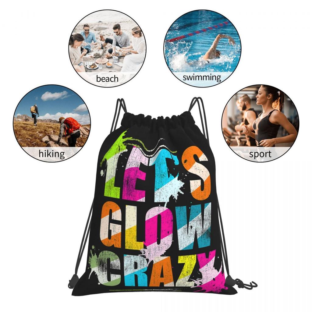 Let's Glow Crazy Neon Party Light Rave Backpacks Casual Drawstring Bags Storage Bag Book Bags for Travel Students