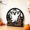 Decorative Wood Craft for Shop Halloween Ghost Pumpkin Round Wooden Welcome Door Hanger, Wall Plaque Spooky Party Favors with Rope, Hanging
