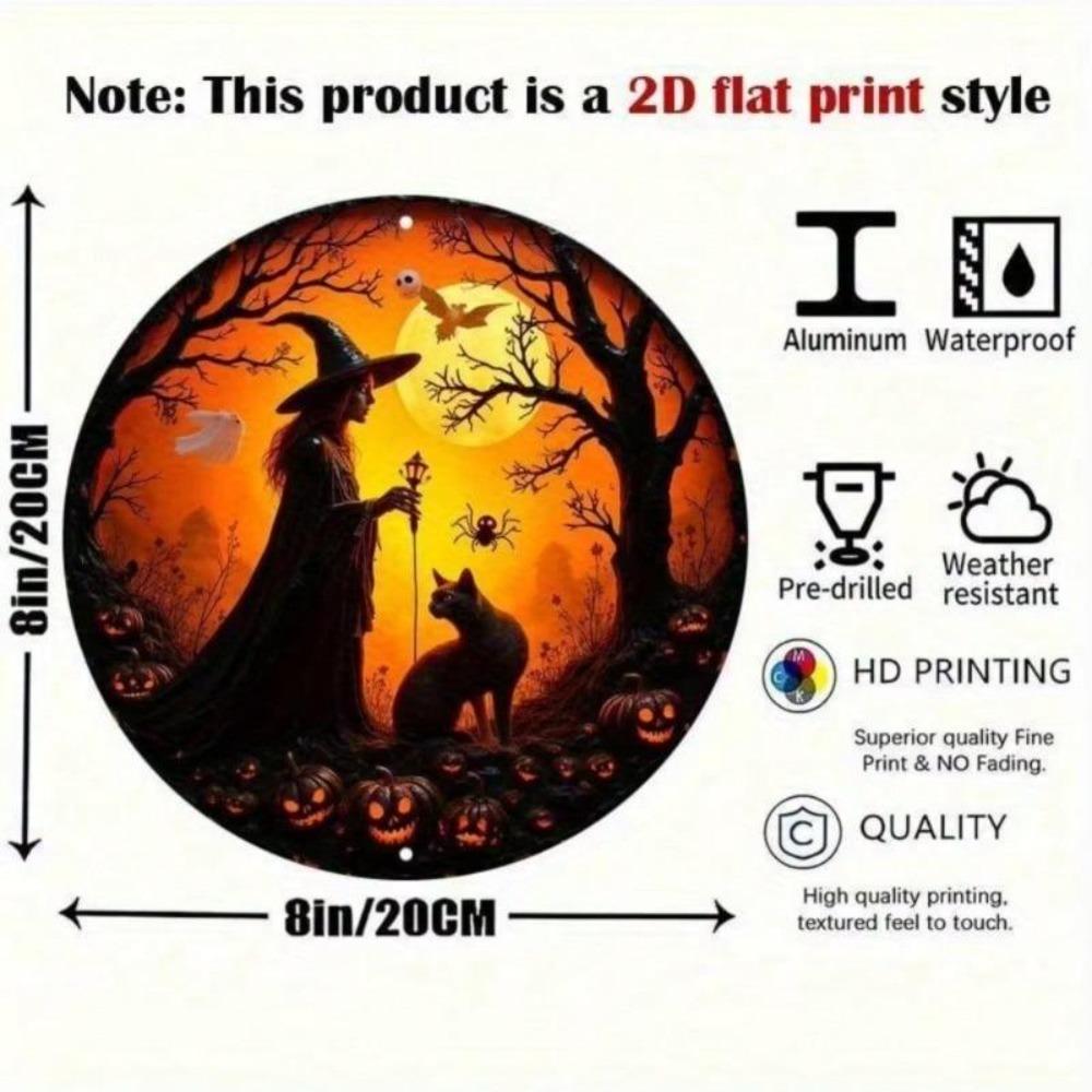 Art Mural Métal Halloween Sorcière Chat Citrouille Rond 20x20 cm