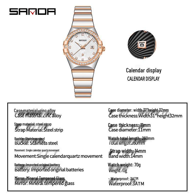 SANDA Women's Waterproof Luminous Quartz Watch with Sunray Dial and Diamond Set Markers