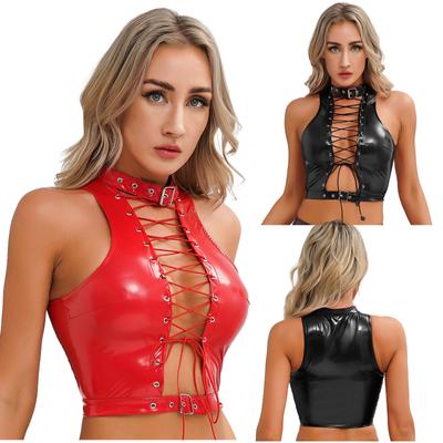Γυναικεία γυαλιστερά PU Leather Hollow Out Crop Top Αμάνικο Lace Up Tank Top Clubwear
