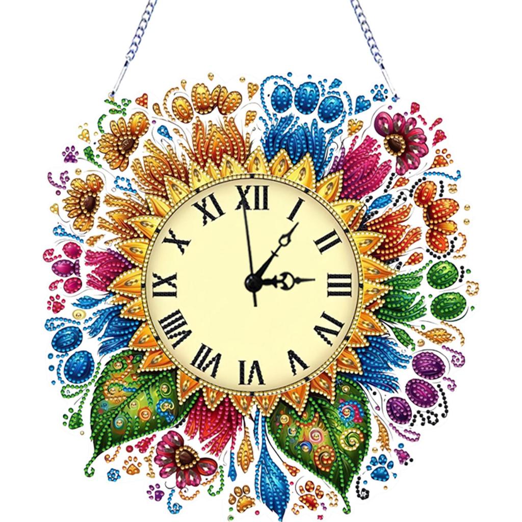 2D Flat DIY Sunflower Acrylic Special Shape 5D Hanging Clock Art Craft Diamond Art Clock Pendant Kit for Living Room Decoration
