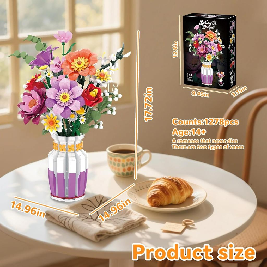 Flowers Bouquet Building Set Wildflower with Vase Compatible with Lego Botanical Collection for Adults Women Girls 14+ Home Office Decor