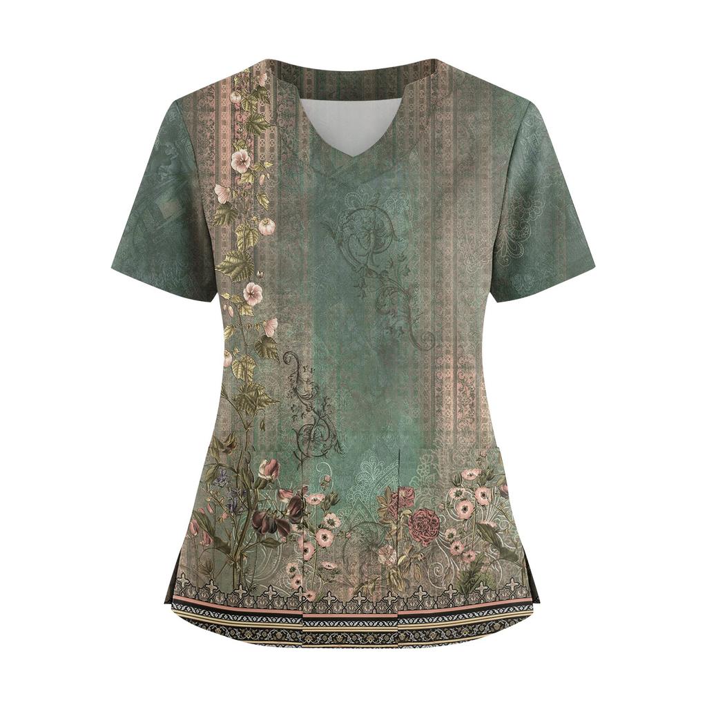 Damen locker kurzärmlig modisch geometrischer Druck von Pflanzen und Blumen Druck V-Ausschnitt knopfbar Seitenschlitz Oberteil T-Shirt