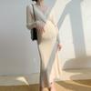 Solid Color Maternity Sweater Dress - Knit Core-Spun Yarn for Autumn/Winter