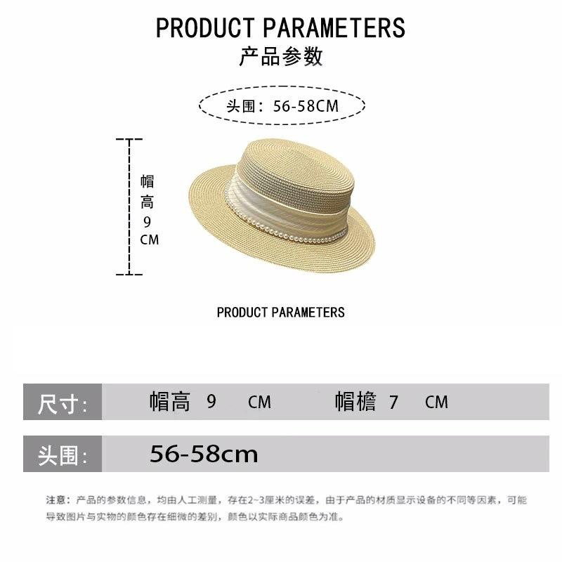 2024 Summer Elegant Pearl Chain Flat Sun Hats for Women Chapeau Feminino Straw Hat Panama Wide Brim Anti-UV Beach Cap Girl Topee