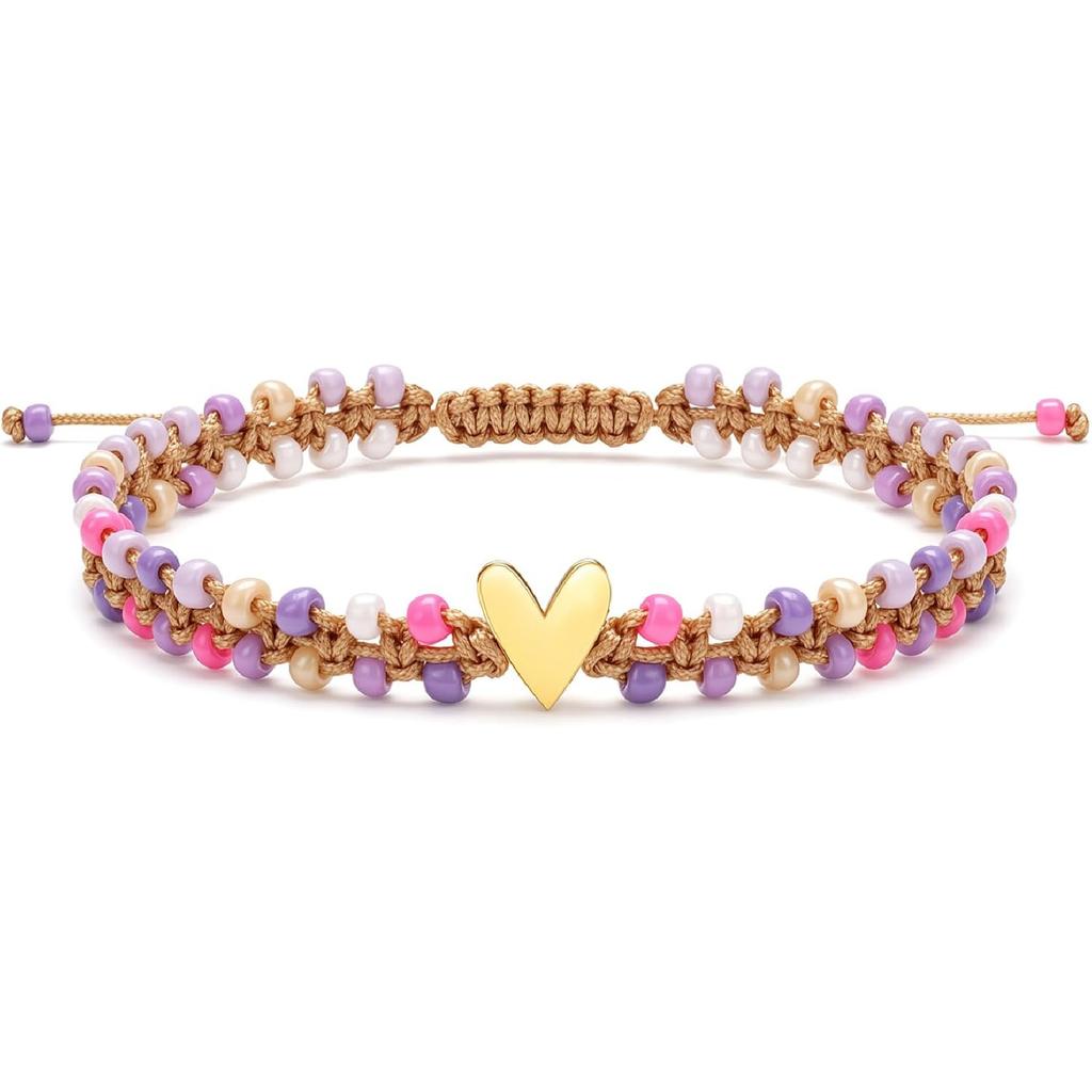 Beaded Bracelet for Women, Double Layer Colorful Seed Bead Bracelet with Heart Charm, Handmade Boho Stackable Bracelet, Adjustable Friendship Jewelry