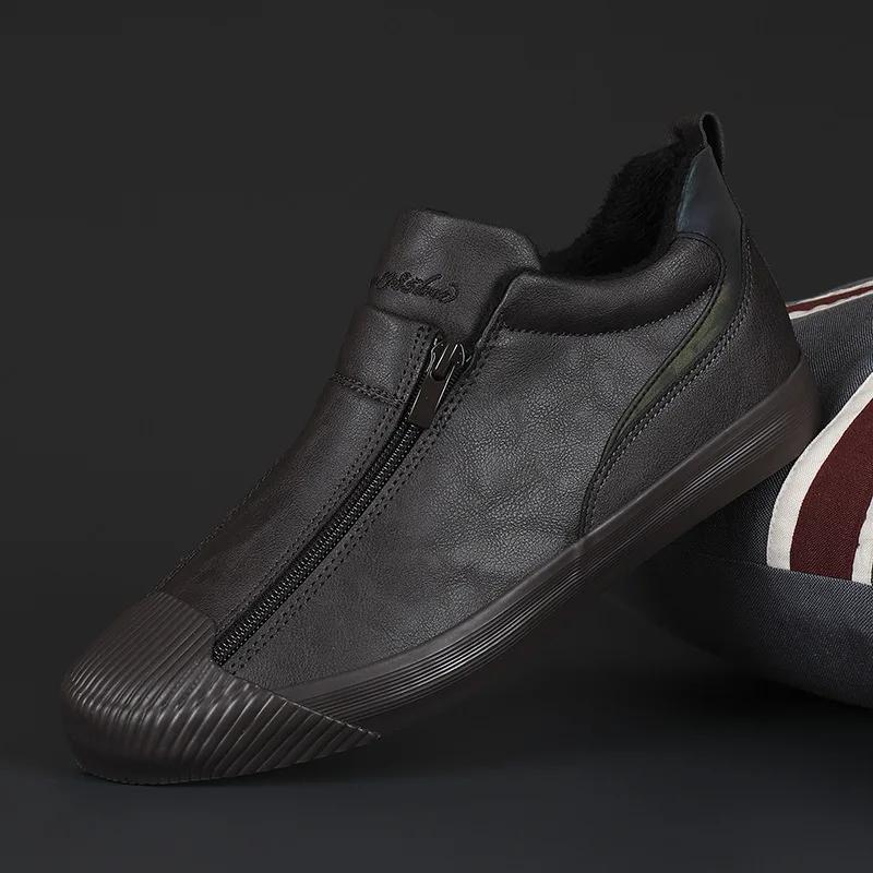 Men Leather Casual Shoes Fashion Double Zipper High Tops Flat Shoes Slip on Plush Male Sneakers Loafers Tenis Masculino 2024