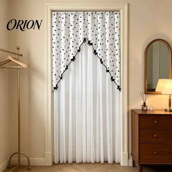 Romantic Home Decor for Living Room Sheer Floral Door Curtain with Beads, Lace Embroidered Gauze Double Layer Divider, Rod Pocket Doorway Bedroom