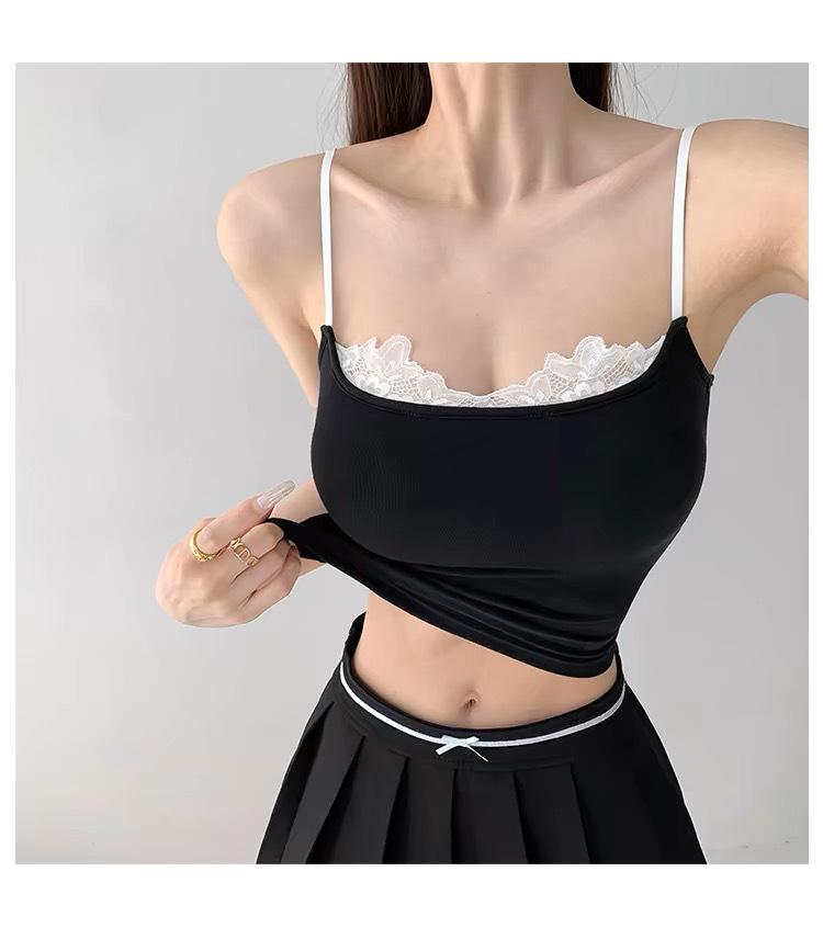 

Сексуальная майка из вискозы с кружевной отделкой для женщин - Летний облегающий топ 2024 One Size чёрный