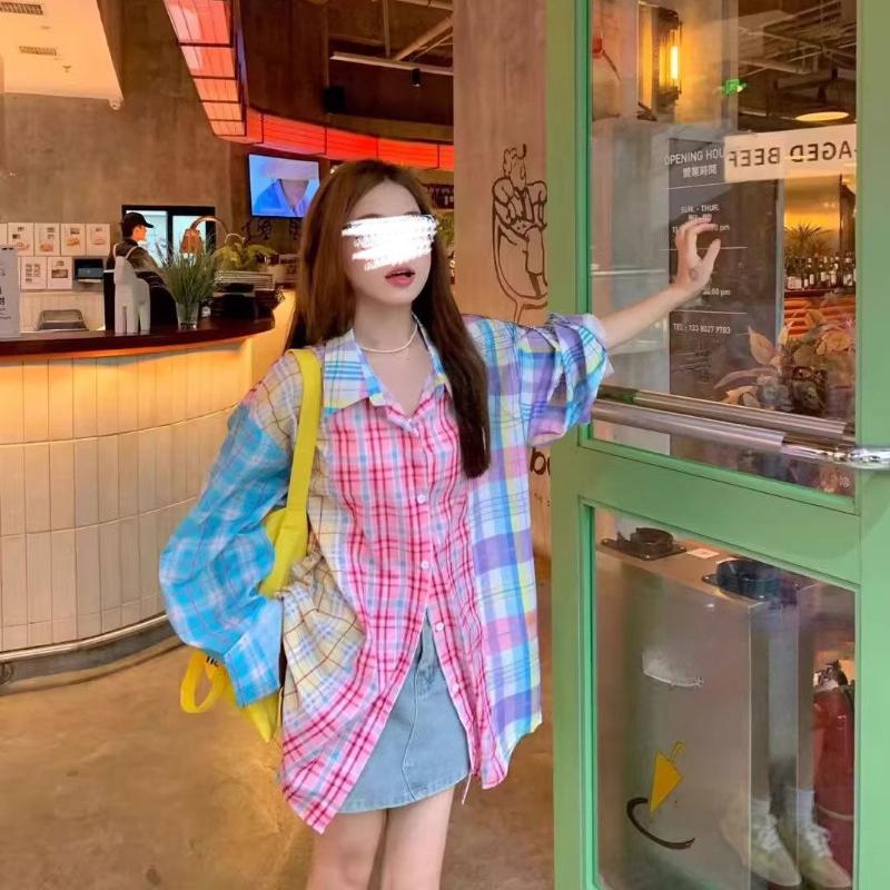 

Женская клетчатая рубашка с цветными блоками, летняя новинка, свободная повседневная рубашка с солнцезащитой, американский хай-стрит, тонкий топ с длинным рукавом XXL