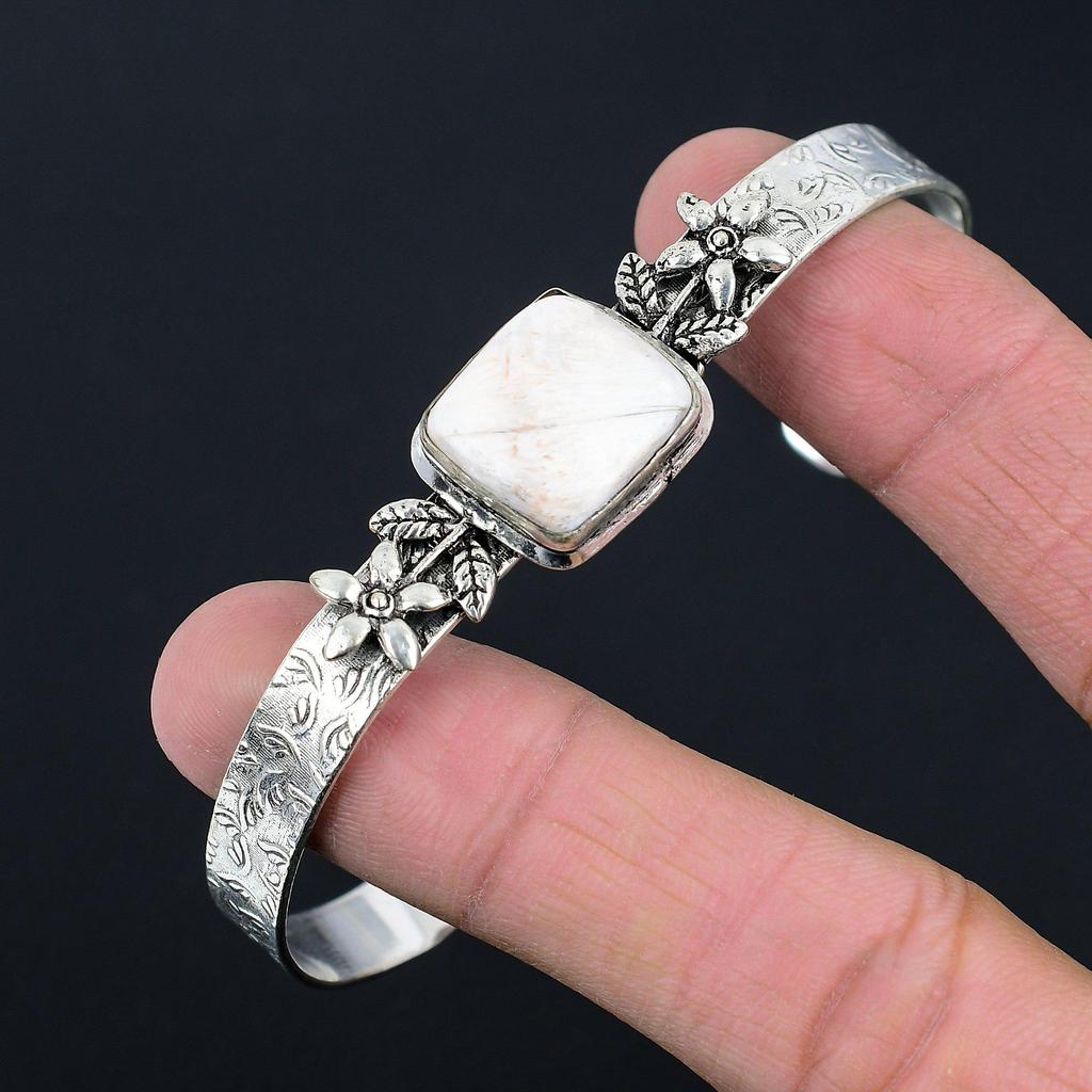 Daughters Day Sale Scolecite Stone Anniversary Flower Bangle Jewelry 925 Silver
