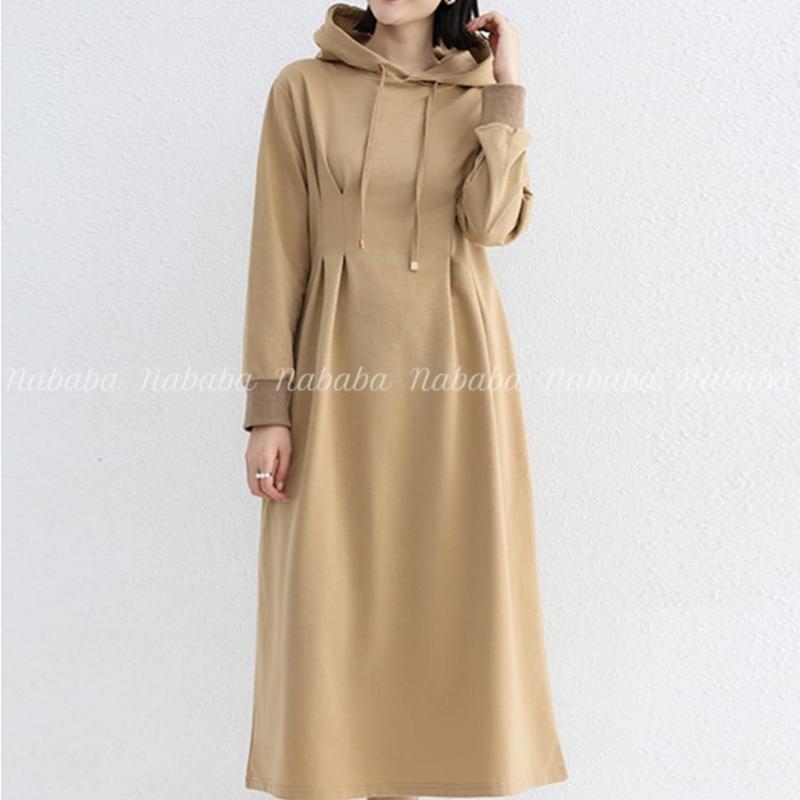 Navava Women Waist Shirring Long Sleeve Hoodie Long Dress No964