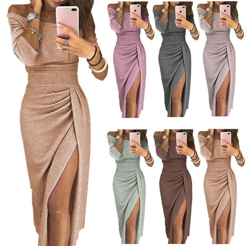 Women Sexy Party Meeting Dress Fashion Female Slit off-the-Shoulder Formal Dress Dinner Party Dress