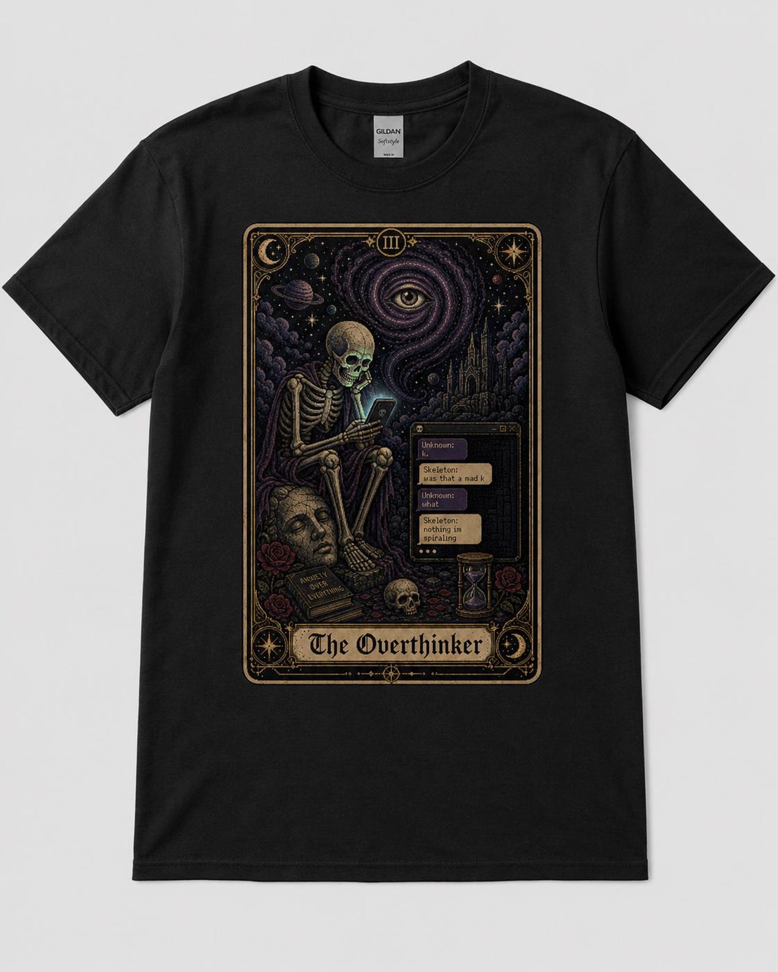 The Overthinker Skeleton Shirt, Anxiety Humor T-Shirt, Gothic Tarot Graphic Tee, Funny Introvert Cosmic Horror Gift M