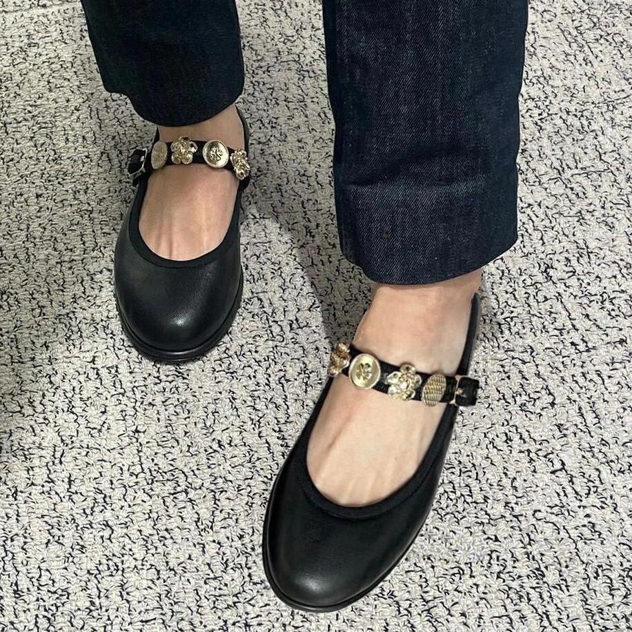 Sheepskin version~ Xiaoxiangfeng leather ballet shoes with soft soles Mary Jane single shoes women's small gold button soles small leather shoes