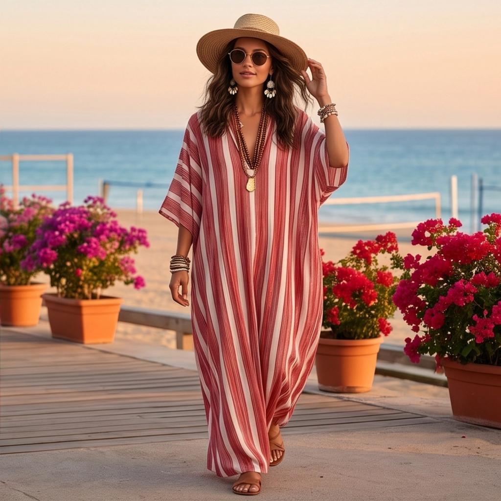 Damen gestreiftes lockeres Maxikleid in Leinenoptik mit Taschen für Urlaub Strand