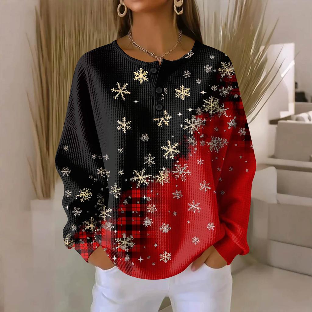 Women's Fashionable Casual Christmas Print V-Neck Long-Sleeved Button-Down Blouse