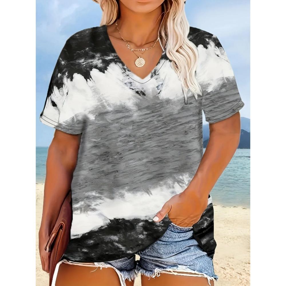 Plus size women s V-neck contrasting printed T-shirt XS