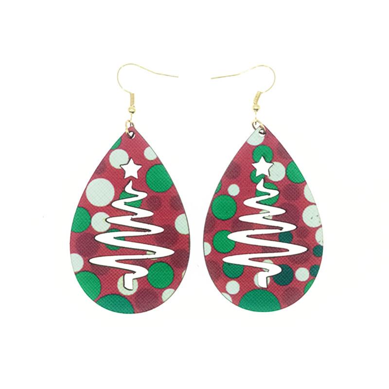 Christmas Tree Teardrop Wooden Leather Earrings