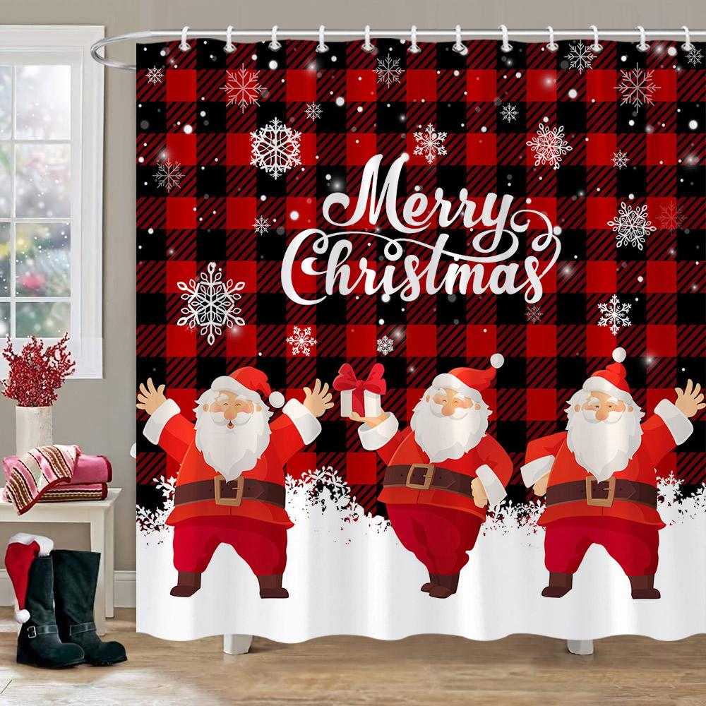 Winter Christmas Shower Curtain Red Truck Snowman Reindeer Snowy Farmhouse Bath Curtain Washable Polyester Fabric Bathroom Decor