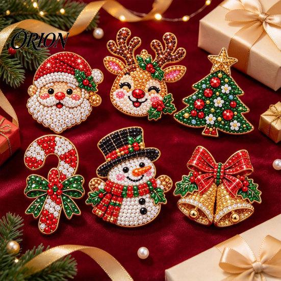 Clothing Embellishment Brooch 6Pcs/Set DIY Christmas Rhinestone Painting Kit, Santa Snowman Reindeer Tree Candy Cane Badge Bell Pin, Holiday