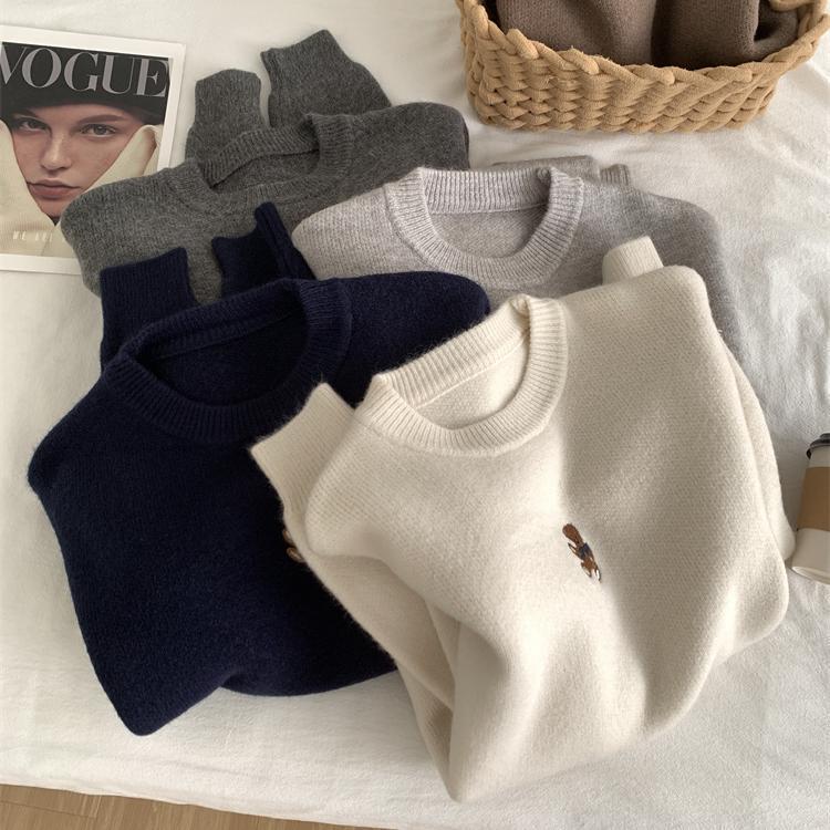 Korean Embroidered Bear Knit Sweater, Soft & Warm for Autumn/Winter