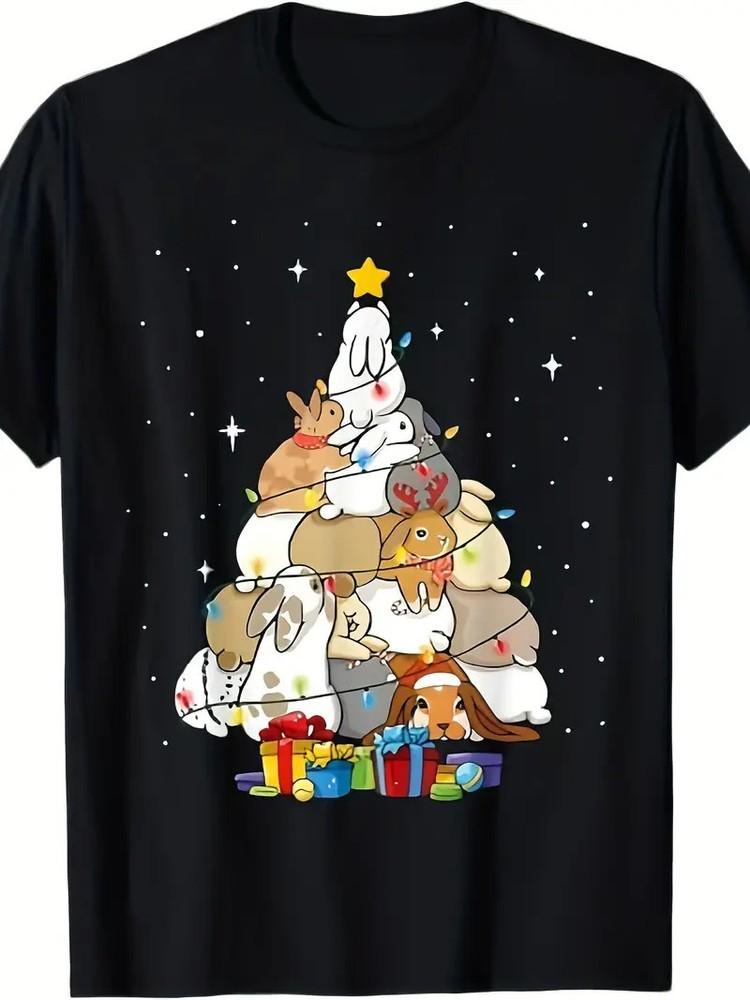 Cute Bunny Christmas Tree T-Shirt-220g 100% Cotton T-shirt Unisex T-Shirt