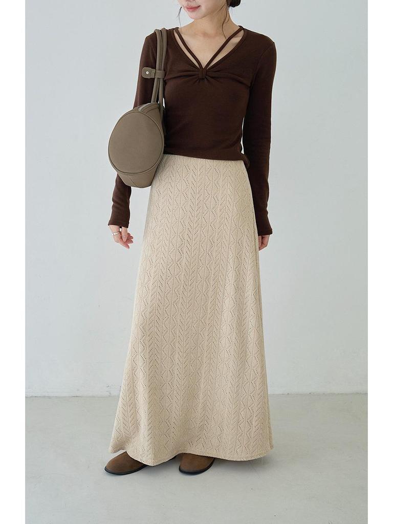 Koreanischer Stil Schwarzer texturierter High-Waist figurbetonter A-Linien-Strick-Midirock für Damen